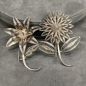 Vintage Sterling Silver 925 Filigree Wire Flower Brooch Lot Of 2 Handmade